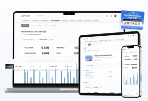 Screenshot of the ESTAGE Affiliate Center dashboard displaying affiliate tracking and management tools on desktop and mobile.