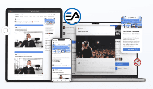 Screenshot illustrating the private social network features available within an ESTAGE hub, shown on desktop and mobile.