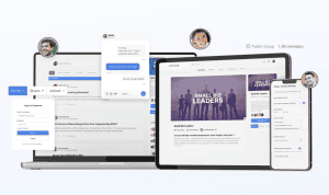 Demonstration of the ESTAGE private community feature showing the discussion feed on desktop and mobile.