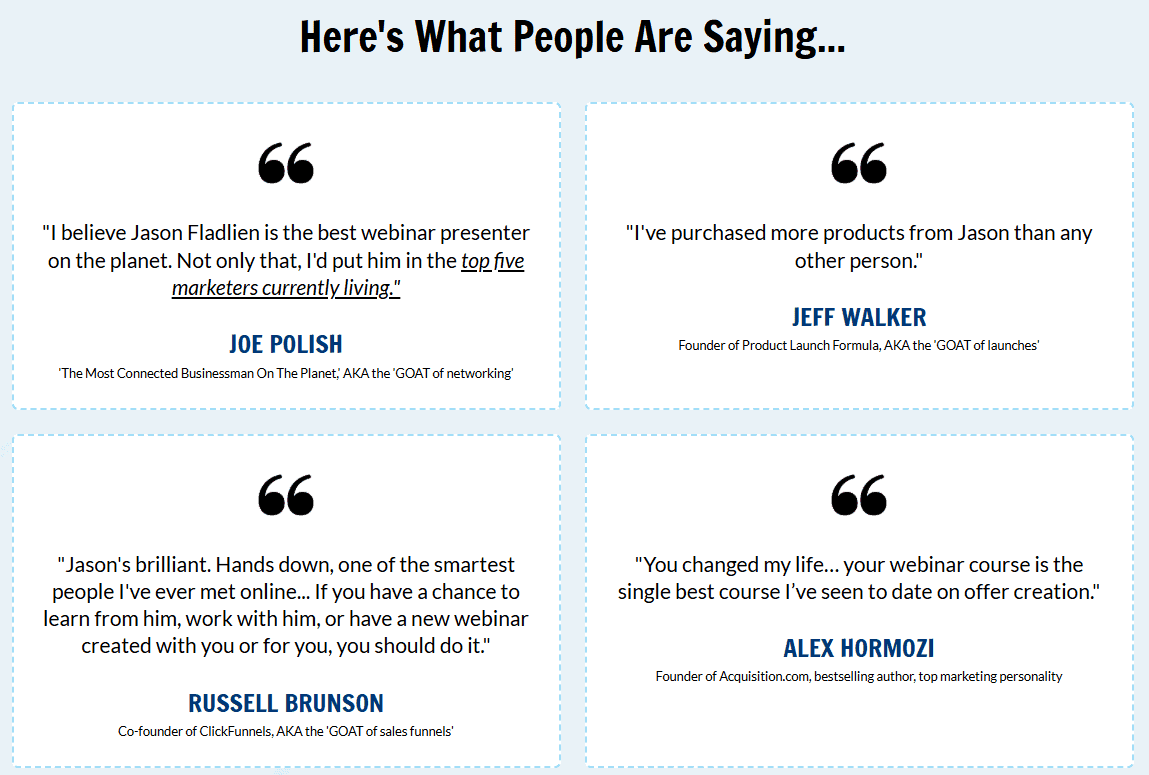 Endorsements of Jason Fladlien from Joe Polish, Jeff Walker, Russell Brunson and Alex Hormozi
