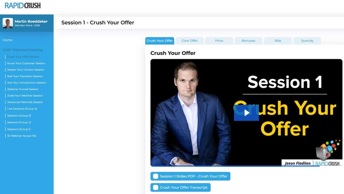 Inside the GOAT Webinars Coaching Recordings members area, showing the eight structured course sessions from Crush Your Offer to Advanced Methods