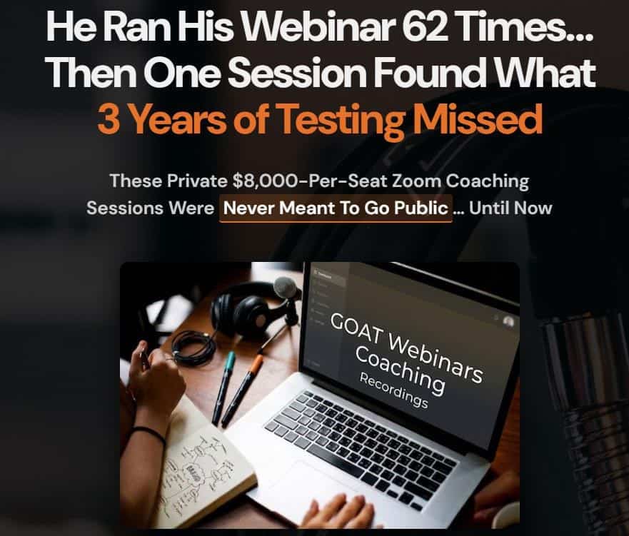 The GOAT Webinars Coaching Recordings sales page, leading with the 8,000-dollar-per-seat Zoom coaching sessions