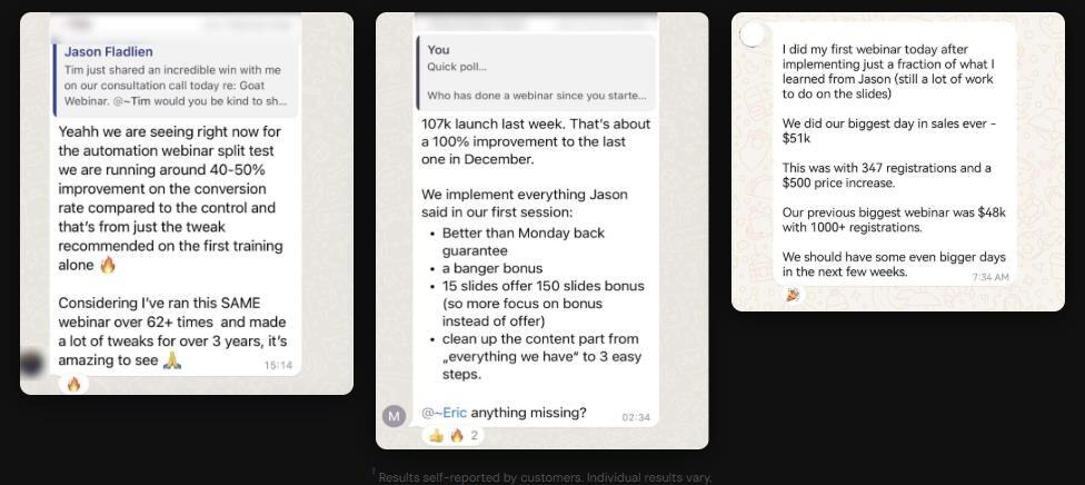 Self-reported student results from Jason Fladlien's webinar coaching, including a 40 to 50 percent conversion improvement after 62 webinar runs