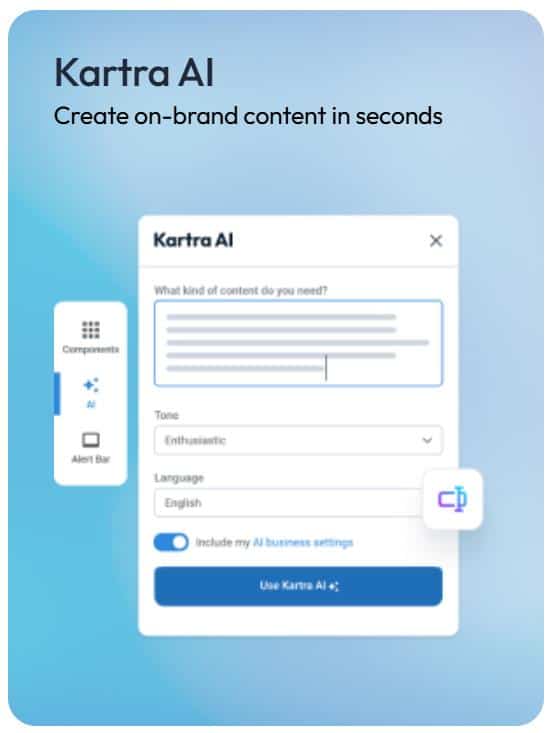 Kartra AI content generator panel with tone and language selectors for writing marketing copy