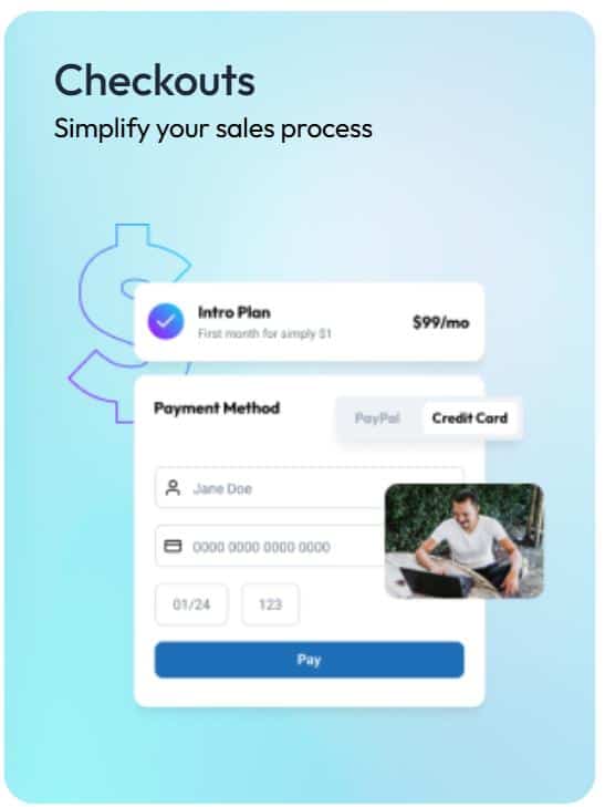 Kartra checkout page mockup showing a payment form with PayPal and credit card options