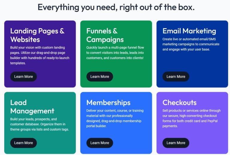 Kartra feature grid showing landing pages funnels email lead management memberships and checkouts