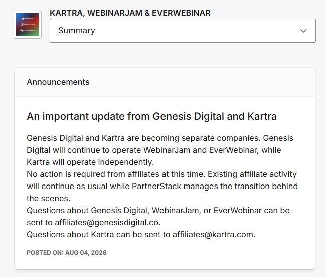 PartnerStack affiliate dashboard announcement that Genesis Digital and Kartra are becoming separate companies