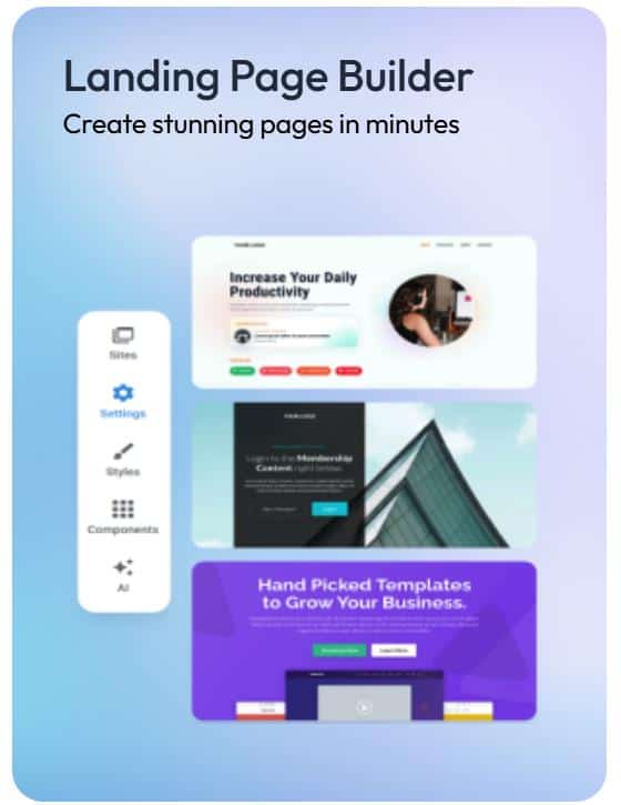 Kartra landing page builder interface with template previews and the styles and components sidebar