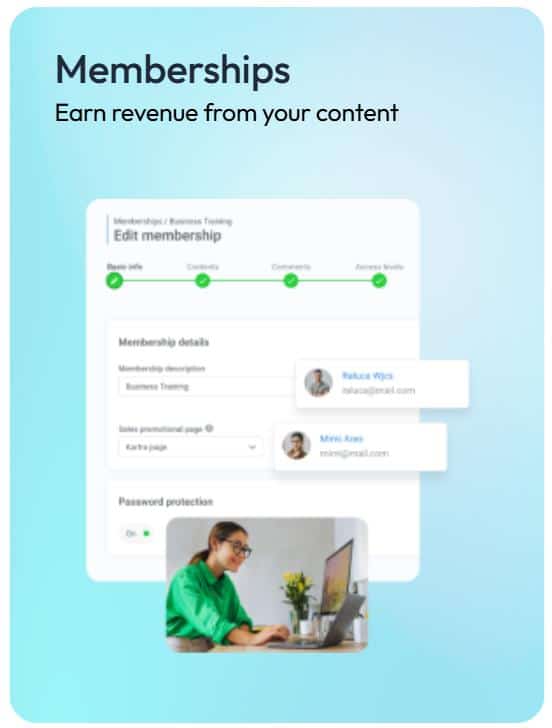 Kartra membership site builder showing the edit membership screen with basic info contents comments and access levels
