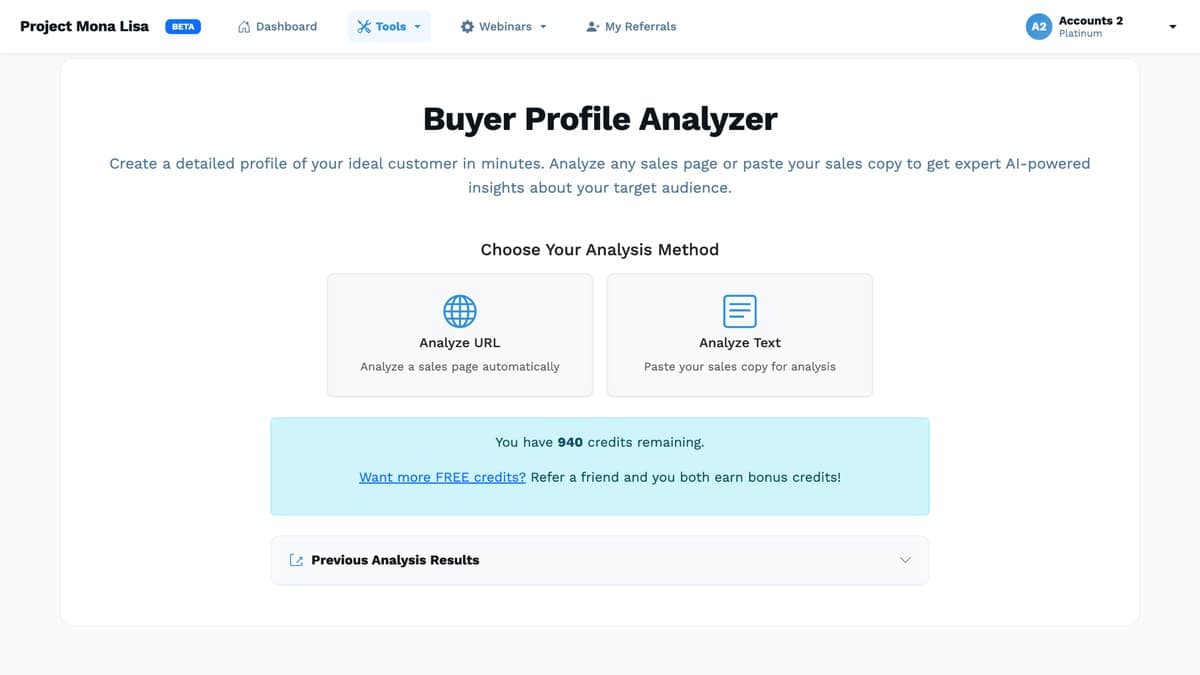 The Project Mona Lisa buyer profile generator screen showing URL and text analysis options and a remaining credit balance