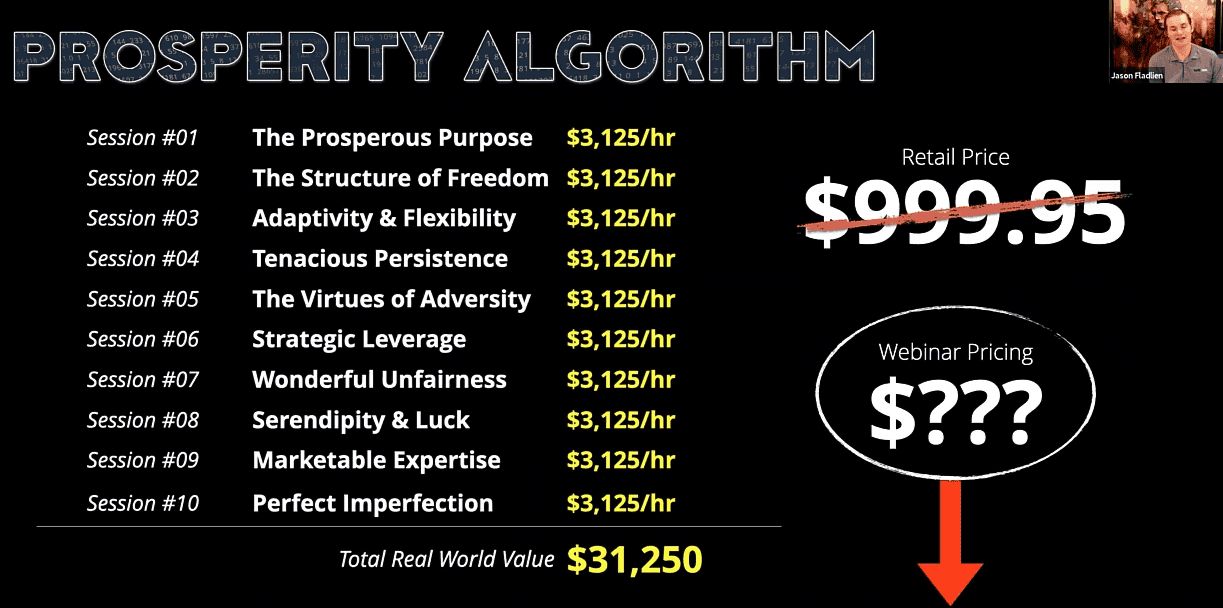 Jason Fladlien's Prosperity Algorithm pricing slide listing all ten sessions at 3,125 dollars per hour, a total real world value of 31,250 dollars, retail price